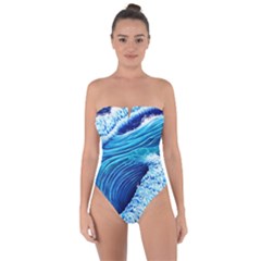 Simple Blue Ocean Wave Tie Back One Piece Swimsuit by GardenOfOphir