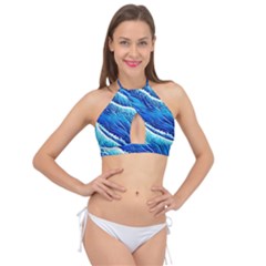 Blue Ocean Wave Watercolor Cross Front Halter Bikini Top by GardenOfOphir