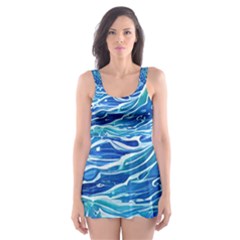 Abstract Blue Wave Skater Dress Swimsuit by GardenOfOphir