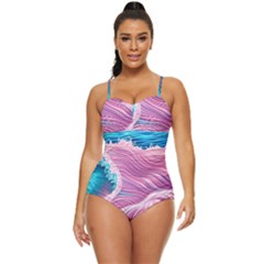 Pink Water Waves Retro Full Coverage Swimsuit by GardenOfOphir