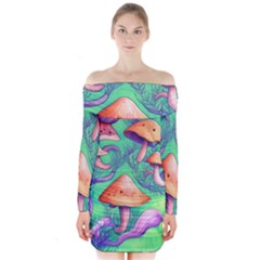 Natural Mushroom Illustration Design Long Sleeve Off Shoulder Dress by GardenOfOphir