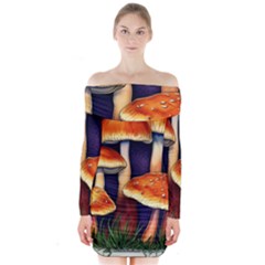 Nature s Woodsy Mushrooms Long Sleeve Off Shoulder Dress by GardenOfOphir