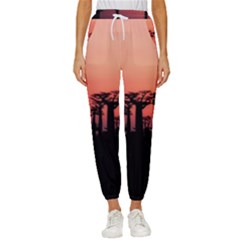 Baobabs Trees Silhouette Landscape Sunset Dusk Cropped Drawstring Pants by Jancukart