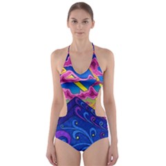 Psychedelic Colorful Lines Nature Mountain Trees Snowy Peak Moon Sun Rays Hill Road Artwork Stars Sk Cut-out One Piece Swimsuit by Jancukart