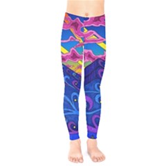 Psychedelic Colorful Lines Nature Mountain Trees Snowy Peak Moon Sun Rays Hill Road Artwork Stars Sk Kids  Classic Winter Leggings by Jancukart