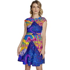 Psychedelic Colorful Lines Nature Mountain Trees Snowy Peak Moon Sun Rays Hill Road Artwork Stars Sk Cap Sleeve High Waist Dress by Jancukart