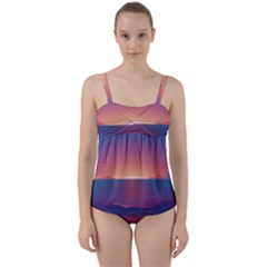 Sunset Ocean Beach Water Tropical Island Vacation Nature Twist Front Tankini Set by Pakemis