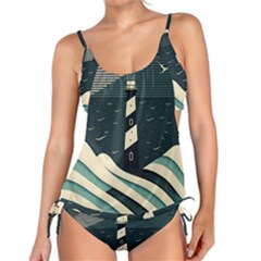 Lighthouse Abstract Ocean Sea Waves Water Blue Tankini Set