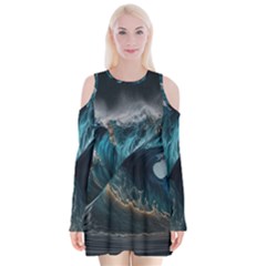 Tsunami Waves Ocean Sea Water Rough Seas 5 Velvet Long Sleeve Shoulder Cutout Dress