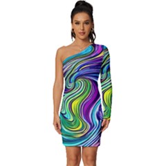 Waves Of Color Long Sleeve One Shoulder Mini Dress by GardenOfOphir