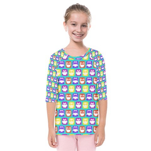 Colorful Whimsical Owl Pattern Kids  Quarter Sleeve Raglan Tee by GardenOfOphir