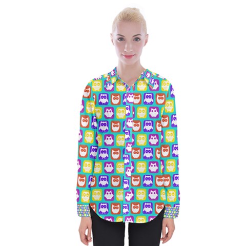 Colorful Whimsical Owl Pattern Womens Long Sleeve Shirt by GardenOfOphir