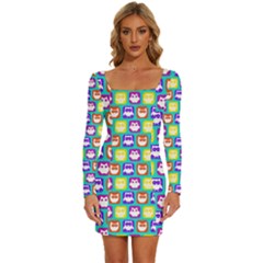 Colorful Whimsical Owl Pattern Long Sleeve Square Neck Bodycon Velvet Dress by GardenOfOphir