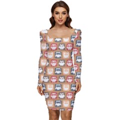 Colorful Whimsical Owl Pattern Women Long Sleeve Ruched Stretch Jersey Dress by GardenOfOphir