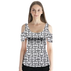 Gray And White Owl Pattern Butterfly Sleeve Cutout Tee 