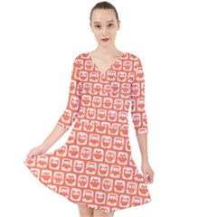 Coral And White Owl Pattern Quarter Sleeve Front Wrap Dress by GardenOfOphir