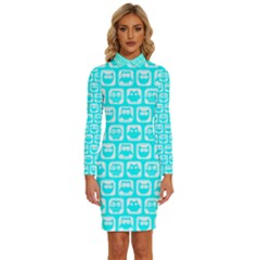 Aqua Turquoise And White Owl Pattern Long Sleeve Shirt Collar Bodycon Dress by GardenOfOphir
