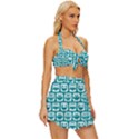Teal And White Owl Pattern Vintage Style Bikini Top and Skirt Set  View3