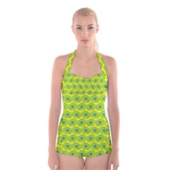 Gerbera Daisy Vector Tile Pattern Boyleg Halter Swimsuit  by GardenOfOphir