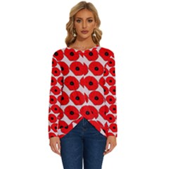 Red Peony Flower Pattern Long Sleeve Crew Neck Pullover Top by GardenOfOphir