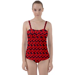 Charcoal And Red Peony Flower Pattern Twist Front Tankini Set by GardenOfOphir