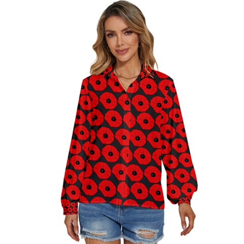 Charcoal And Red Peony Flower Pattern Women s Long Sleeve Button Down Shirt by GardenOfOphir