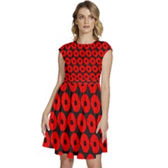 Charcoal And Red Peony Flower Pattern Cap Sleeve High Waist Dress by GardenOfOphir