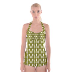 Olive Green Spatula Spoon Pattern Boyleg Halter Swimsuit  by GardenOfOphir