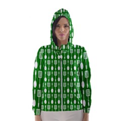 Green And White Kitchen Utensils Pattern Women s Hooded Windbreaker by GardenOfOphir