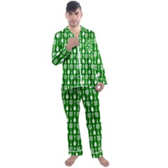 Green And White Kitchen Utensils Pattern Men s Long Sleeve Satin Pajamas Set by GardenOfOphir