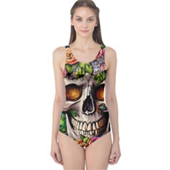 Gothic Skull With Flowers - Cute And Creepy One Piece Swimsuit by GardenOfOphir