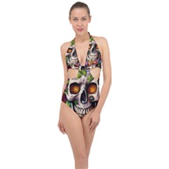 Gothic Skull With Flowers - Cute And Creepy Halter Front Plunge Swimsuit by GardenOfOphir