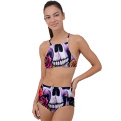 Sugar Skull With Flowers - Day Of The Dead High Waist Tankini Set by GardenOfOphir