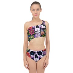 Sugar Skull With Flowers - Day Of The Dead Spliced Up Two Piece Swimsuit by GardenOfOphir