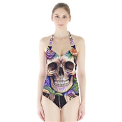 Retro Gothic Skull With Flowers - Cute And Creepy Halter Swimsuit by GardenOfOphir