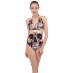 Retro Gothic Skull With Flowers - Cute And Creepy Halter Front Plunge Swimsuit by GardenOfOphir