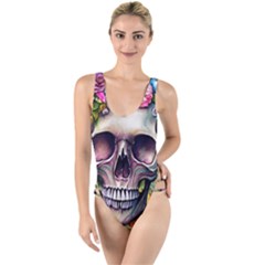 Skull And Bones Retro High Leg Strappy Swimsuit by GardenOfOphir