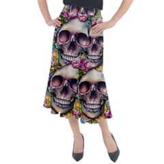 Skull And Bones Retro Midi Mermaid Skirt by GardenOfOphir