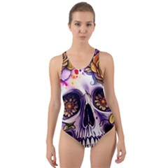 Gothic Sugar Skull Cut-out Back One Piece Swimsuit by GardenOfOphir
