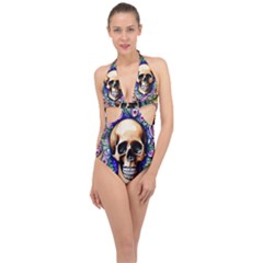 Gothic Skull Halter Front Plunge Swimsuit by GardenOfOphir