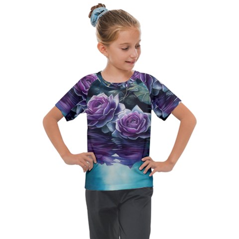 Roses Water Lilies Watercolor Kids  Mesh Piece Tee by Ravend
