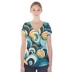 Waves Ocean Sea Abstract Whimsical (1) Short Sleeve Front Detail Top