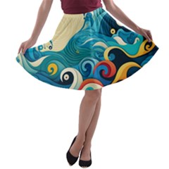 Waves Ocean Sea Abstract Whimsical (2) A-line Skater Skirt by Jancukart