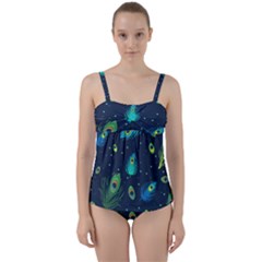 Blue Background Pattern Feather Peacock Twist Front Tankini Set by Semog4