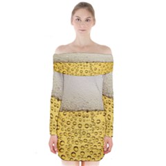Texture Pattern Macro Glass Of Beer Foam White Yellow Art Long Sleeve Off Shoulder Dress by Semog4