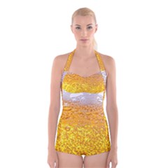 Texture Pattern Macro Glass Of Beer Foam White Yellow Bubble Boyleg Halter Swimsuit  by Semog4