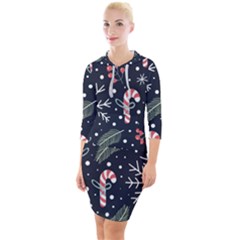 Holiday Seamless Pattern With Christmas Candies Snoflakes Fir Branches Berries Quarter Sleeve Hood Bodycon Dress by Semog4