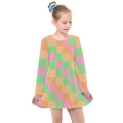 Checkerboard-pastel-squares Kids  Long Sleeve Dress