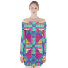 Checkerboard-squares-abstract--- Long Sleeve Off Shoulder Dress by Semog4