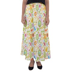Nature Doodle Art Trees Birds Owl Children Pattern Multi Colored Flared Maxi Skirt